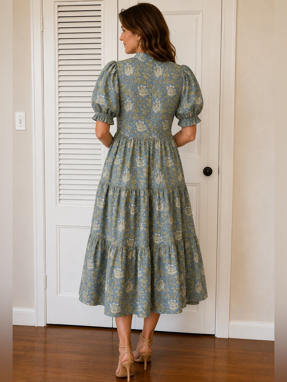 Hyacinth House Blue Green Floral Collared Tiered Midi Dress SMALL - Picture 5 of 13